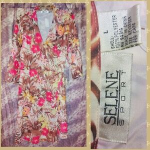 Selene Sport brand Tan/White/Pink Floral/Leaves Soft Woven Wrap Midi Dress Sz L